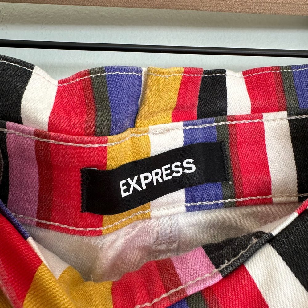 Express Super High Waisted Striped Sash Tie Denim Shortie Shorts - Picture 3 of 5